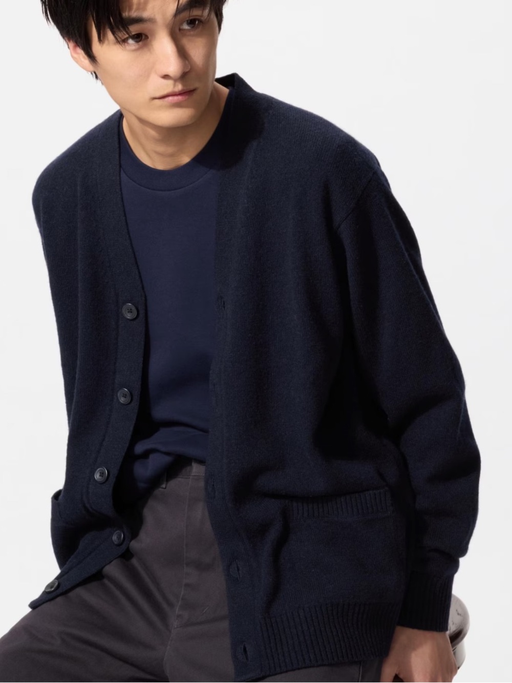 Uniqlo Premium Lambswool V-Neck Cardigan Sweater - Navy Blue - Men's L/ Unisex